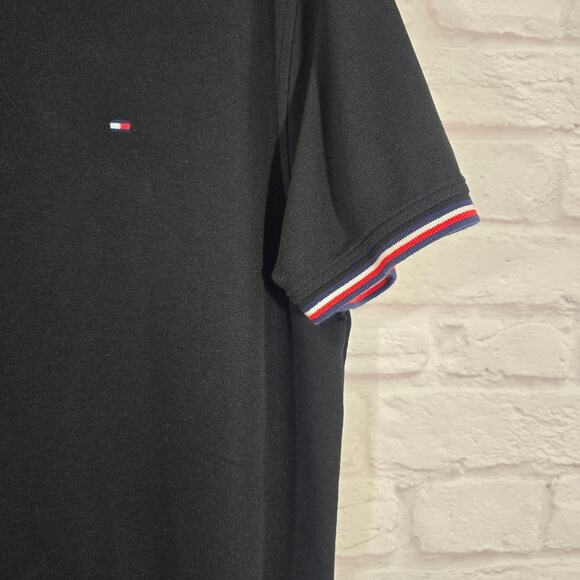 A Tommy Hilfiger Black Polo Shirt for Men Size L Short Sleeve Striped Sleeves - Picture 3 of 9